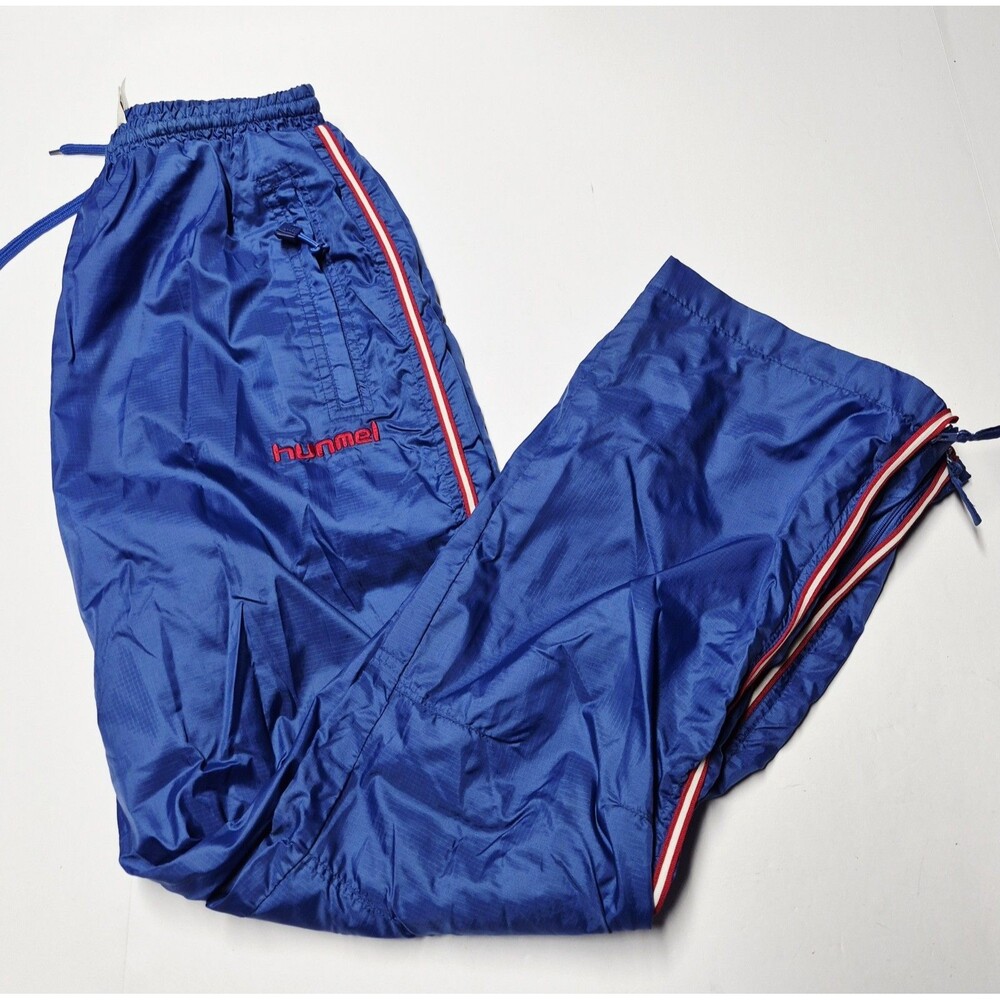 Vintage 90s Hummel Royal Blue Track Pants L Retro Nylon Pants Zip Ankle Ripstop